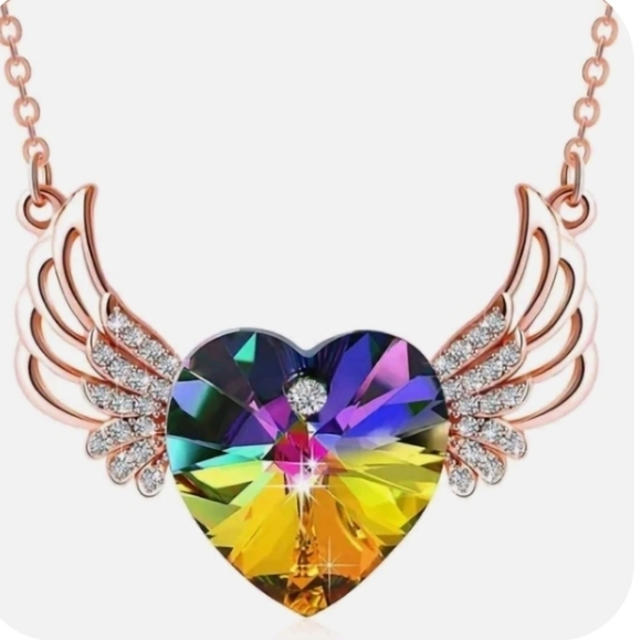 Gold Winged Heart Necklace Rainbow Colors - Picture 2 of 9